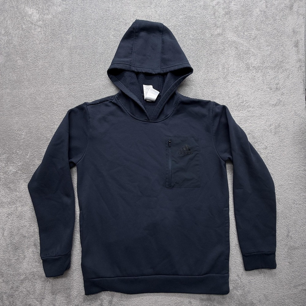 Adidas Hoodie Mens M Blue Pullover Hooded Lined Fleece Pockets Logo